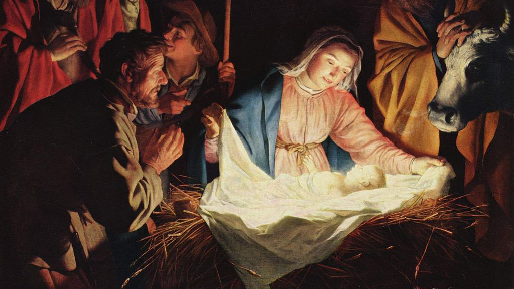 Målning av Gerard van Honthorst med motivet Maria lutande över Jesus i krubban.