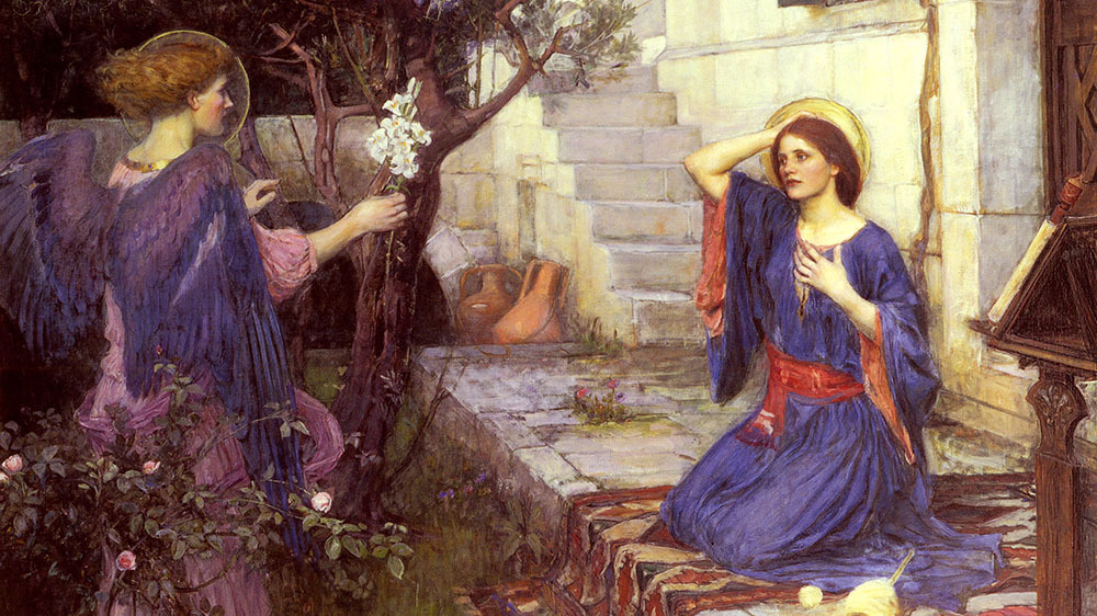 Målning i prerefaelitisk stil.En kvinna (Maria) sitter på knä i en trädgård framför en ängel.