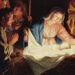 Målning av Gerard van Honthorst med motivet Maria lutande över Jesus i krubban.